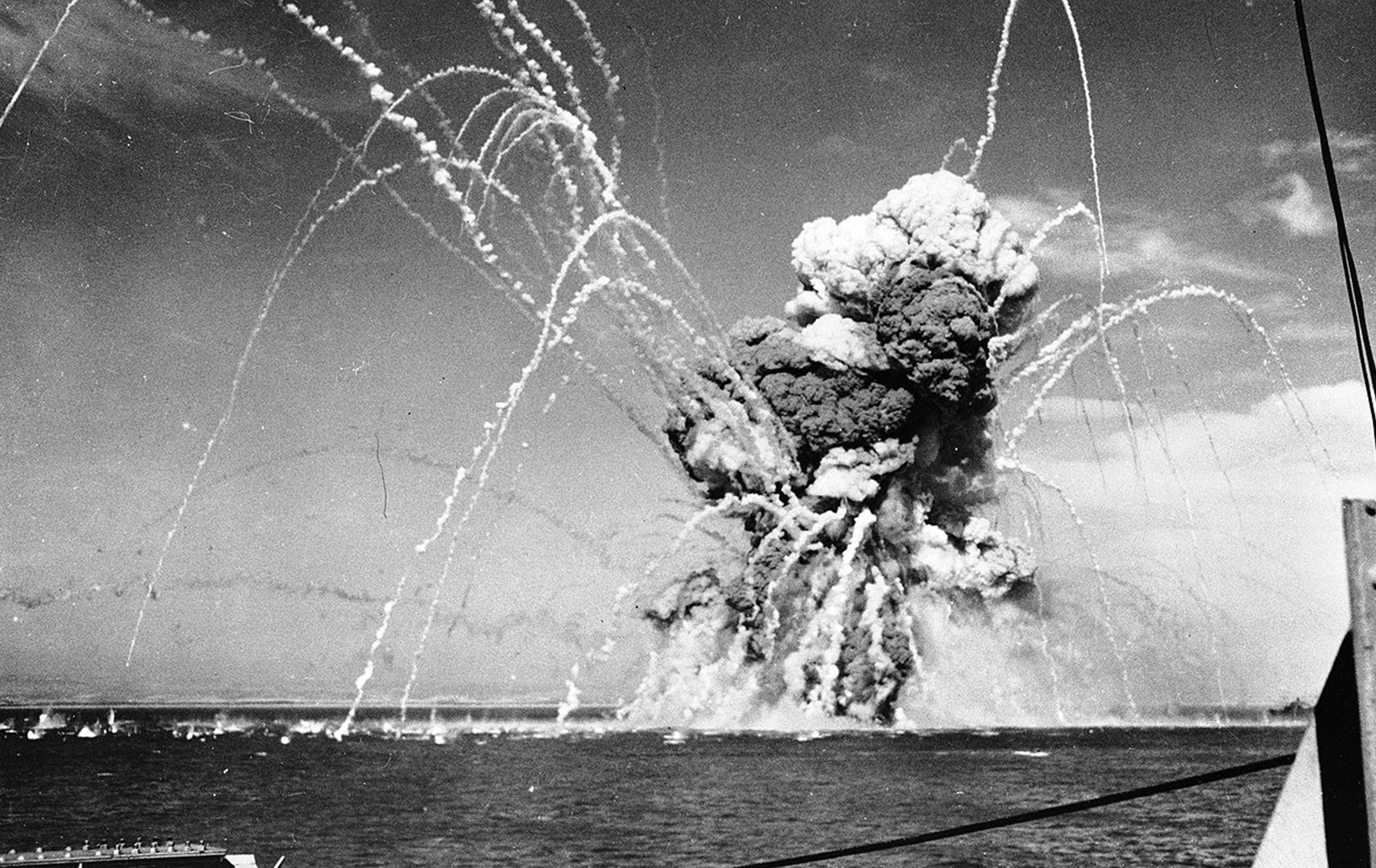 The Liberty Ship S.S. Robert Rowan detonating only a thousand yards away from the Joseph Dickman. (National Museum of the U.S. Navy) The Liberty Ship S.S. Robert Rowan detonating only a thousand yards away from the Joseph Dickman. (National Museum of the U.S. Navy)